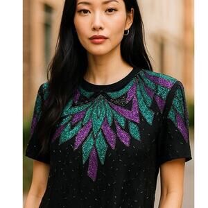 NEW Vintage Stenay 80's Beaded Sequined Silk Dress Black Formal Cocktail Size 8